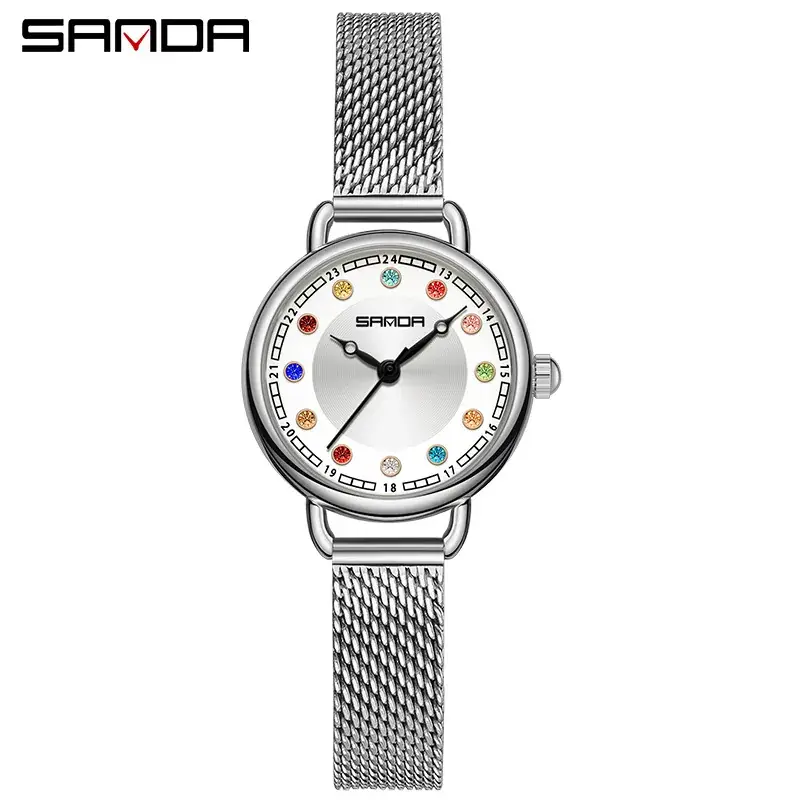 Sanda Women's Quartz Watch with Crystal Dial & Leather Strap - Image 9