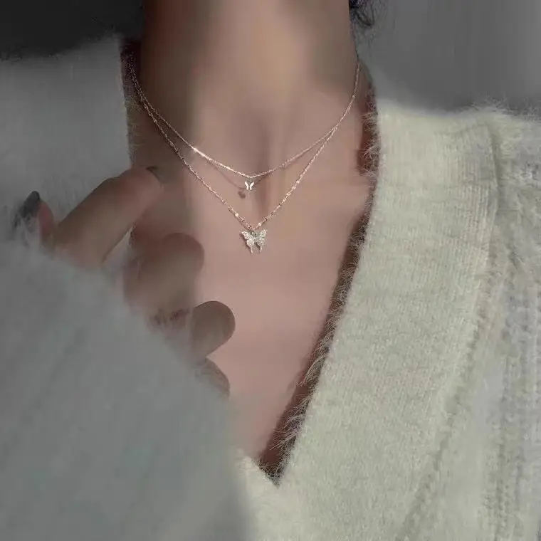 Silver Butterfly Double Layer Necklace for Women