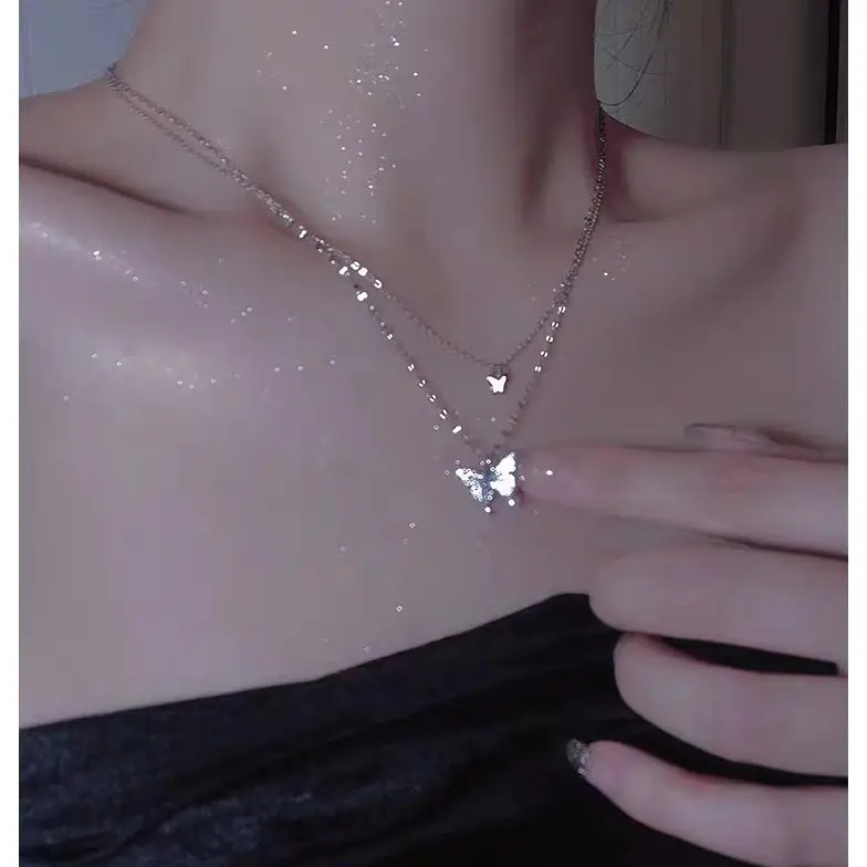 Silver Butterfly Double Layer Necklace for Women