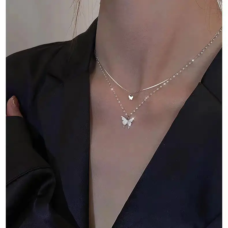 Silver Butterfly Double Layer Necklace for Women