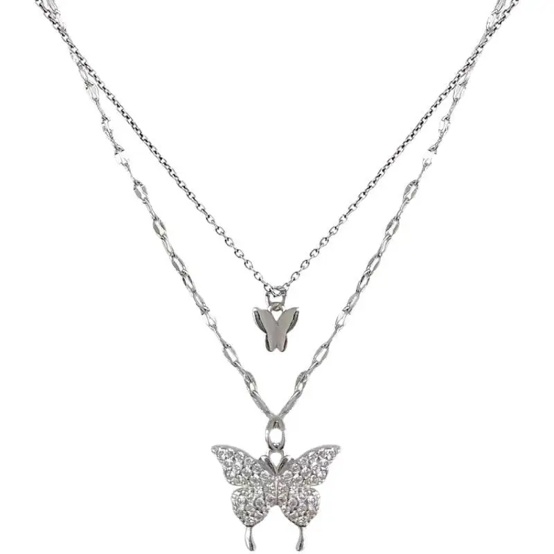 Silver Butterfly Double Layer Necklace for Women