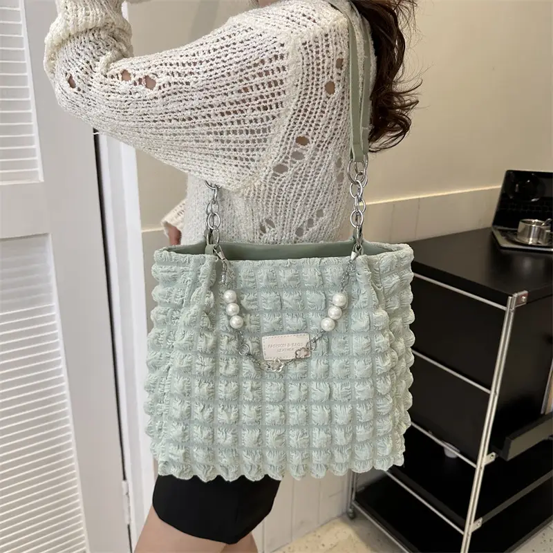 Large Bubble Pleated Shoulder Bag Mint Green - Image 6