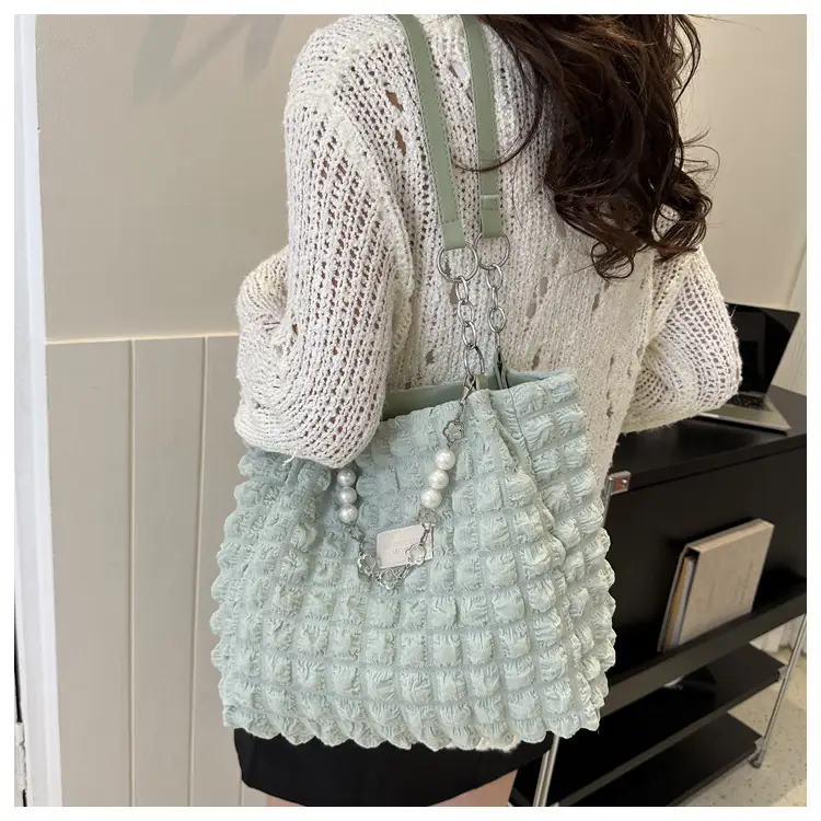 Large Bubble Pleated Shoulder Bag Mint Green — feature 10
