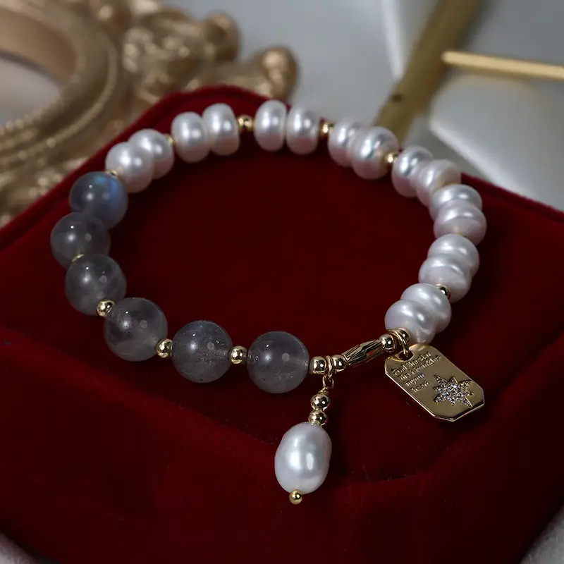 French Retro Pearl Bracelet with Square Snowflake Tag - Image 3