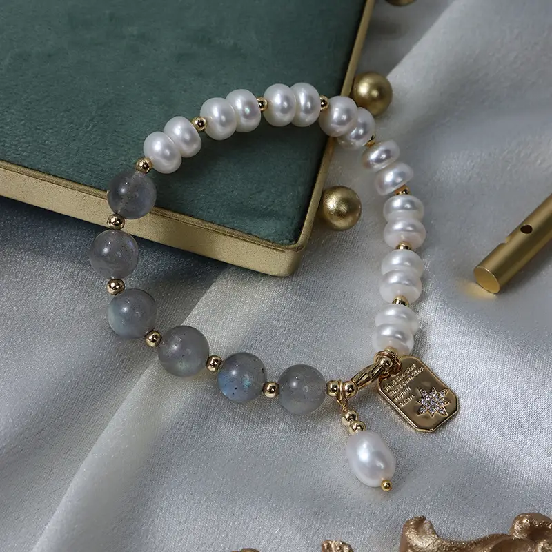 French Retro Pearl Bracelet with Square Snowflake Tag - Image 5