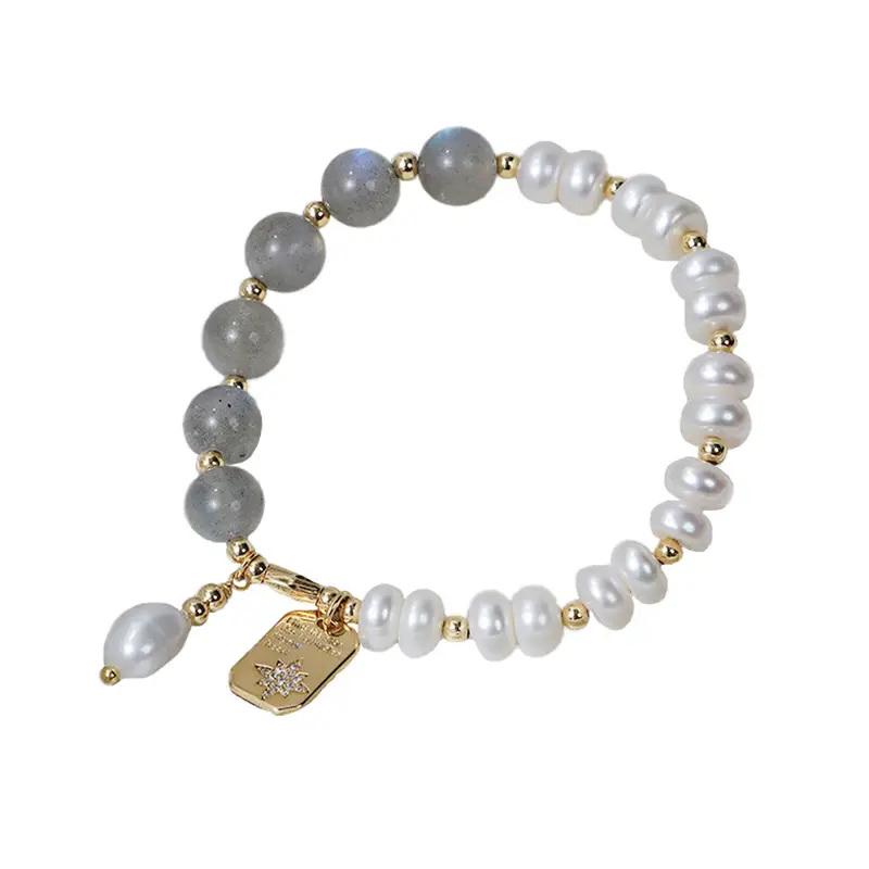 French Retro Pearl Bracelet with Square Snowflake Tag - Image 6