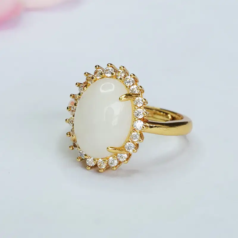 Guan Yu White Jade Ring with Crystal Set - Image 4