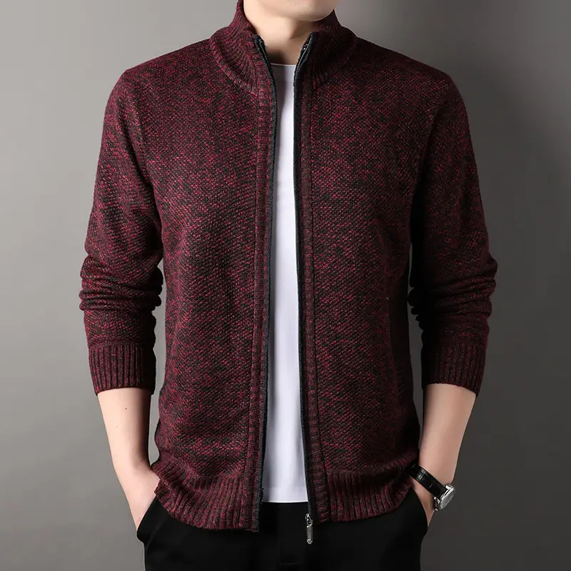 Men's Korean Knitted Cardigan Maroon Business Casual Spring Autumn Wear