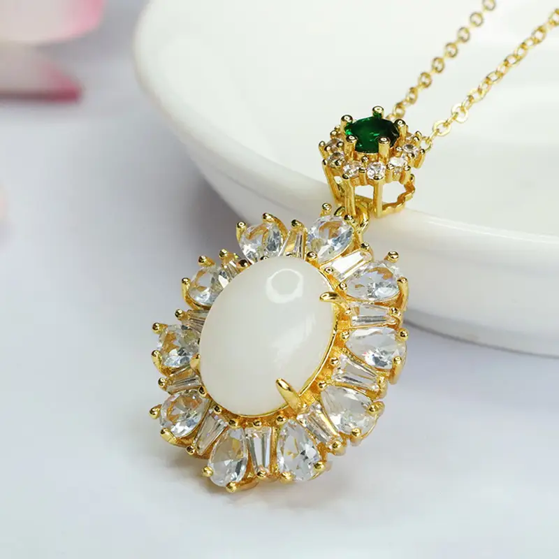 Guan Yu White Jade Pendant Necklace with Emerald Top - Image 3