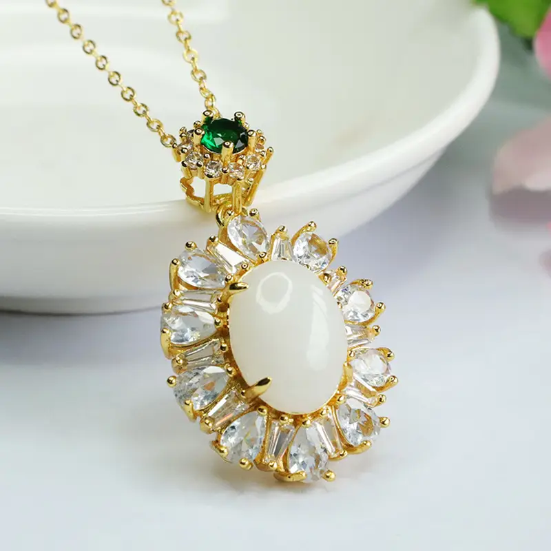 Guan Yu White Jade Pendant Necklace with Emerald Top - Image 4