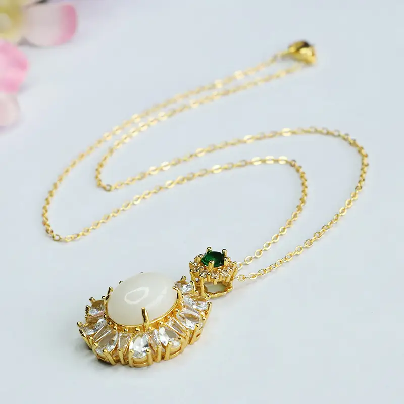 Guan Yu White Jade Pendant Necklace with Emerald Top - Image 5