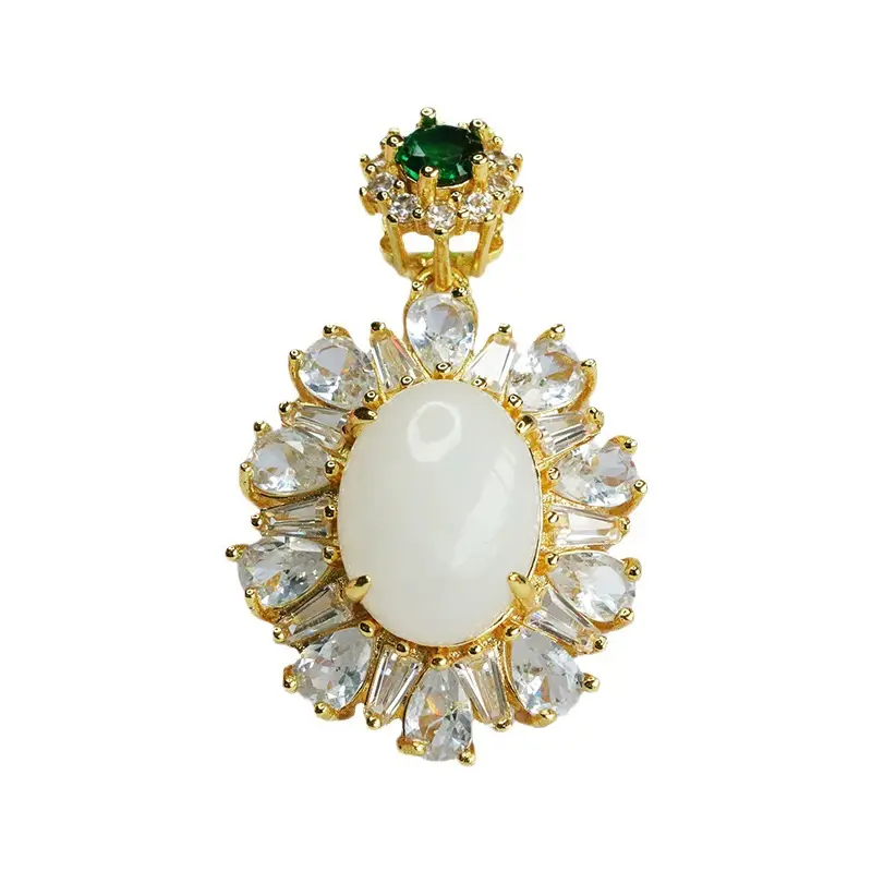 Guan Yu White Jade Pendant Necklace with Emerald Top - Image 6
