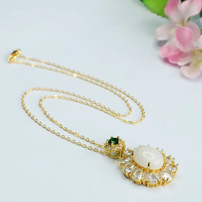 Guan Yu White Jade Pendant Necklace with Emerald Top — feature 11
