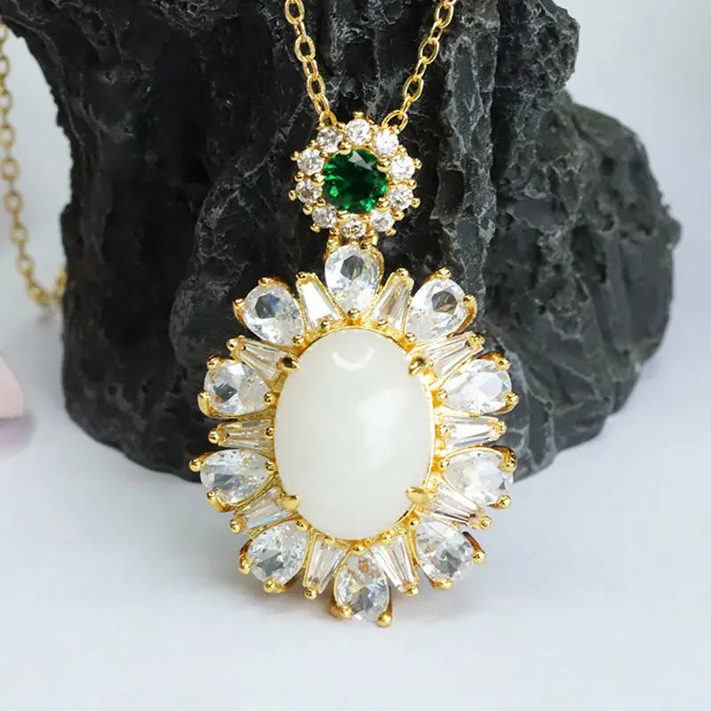 Guan Yu White Jade Pendant Necklace with Emerald Top — feature 7