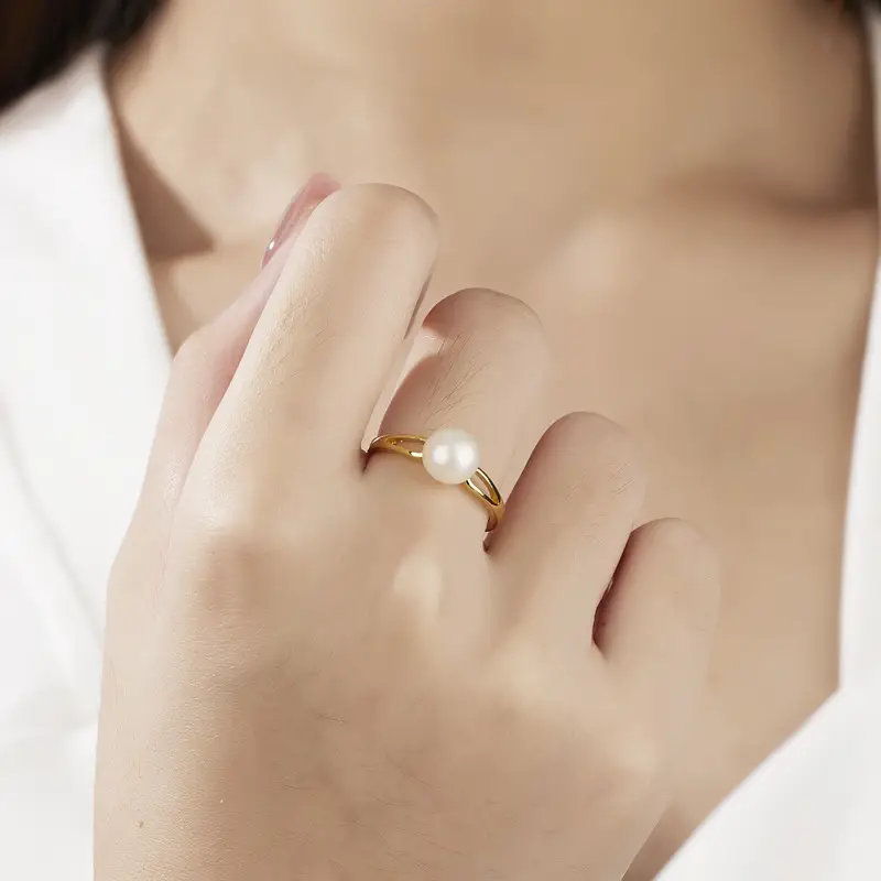 Women's Retro Geometric Pearl Ring Silver - Image 2