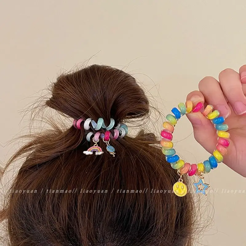 Rainbow Phone Rope Hair Tie for Girls, No Trace, No Damage, Simple Rubber Band, Female Hair Tie, Cartoon - Image 8