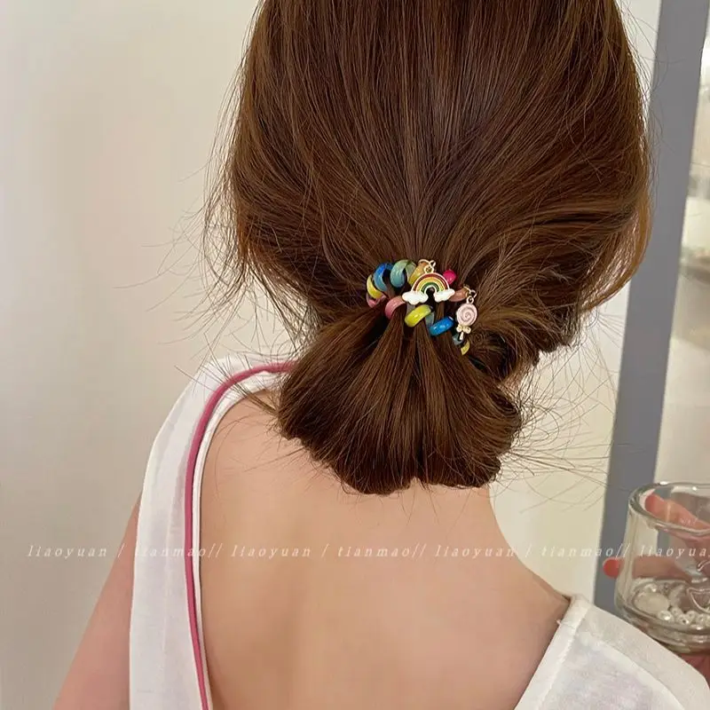 Rainbow Phone Rope Hair Tie for Girls, No Trace, No Damage, Simple Rubber Band, Female Hair Tie, Cartoon - Image 9