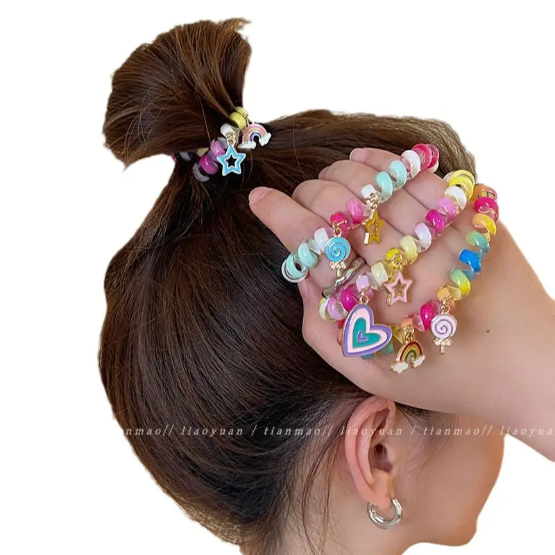 Rainbow Phone Rope Hair Tie for Girls, No Trace, No Damage, Simple Rubber Band, Female Hair Tie, Cartoon - Image 11