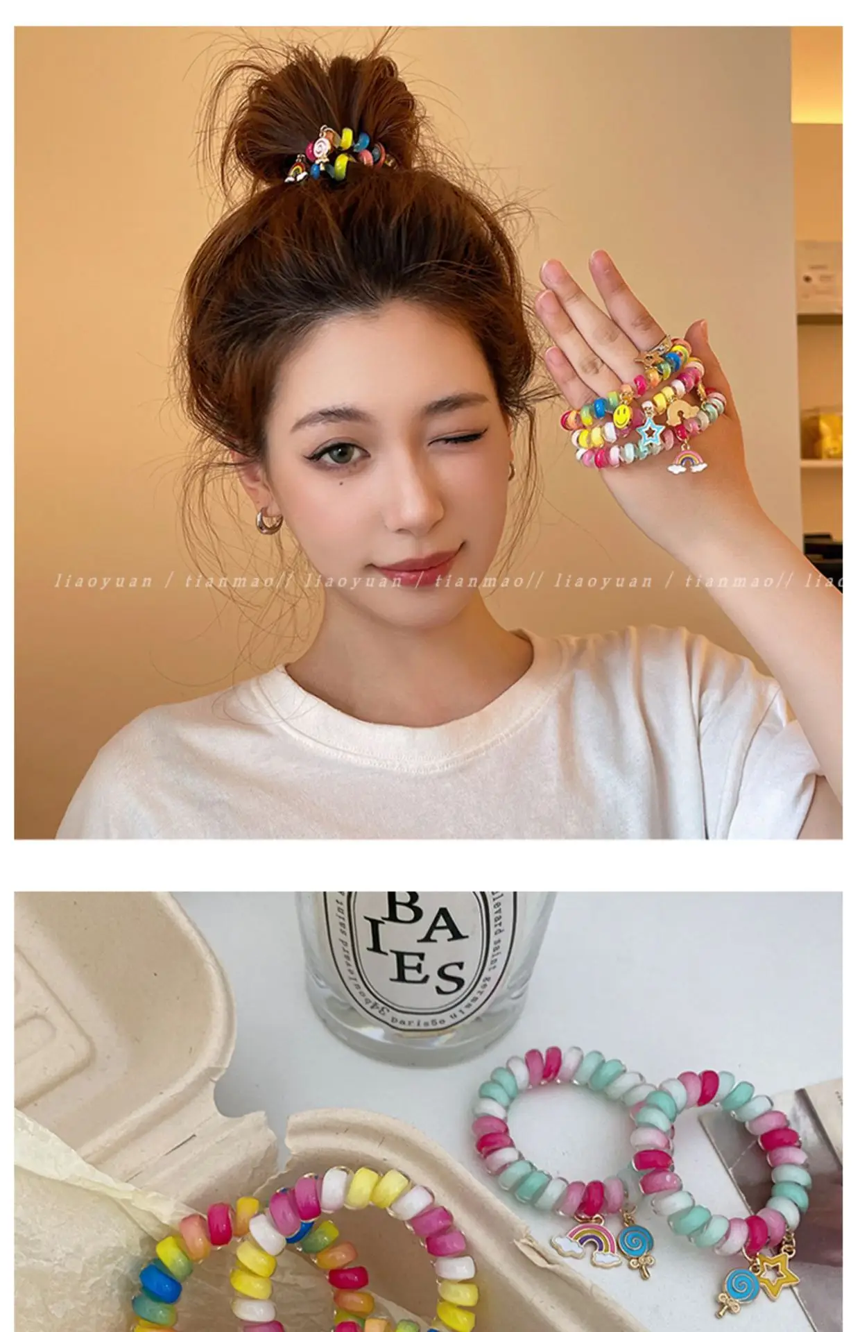 Rainbow Phone Rope Hair Tie for Girls, No Trace, No Damage, Simple Rubber Band, Female Hair Tie, Cartoon — feature 10