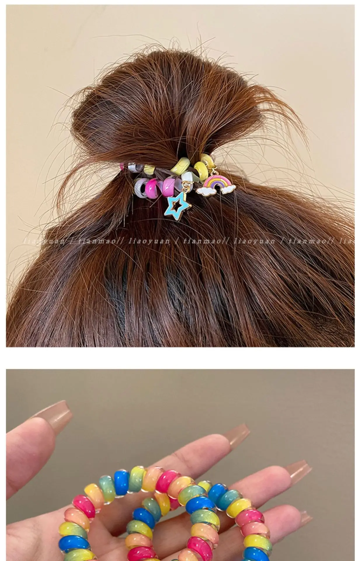 Rainbow Phone Rope Hair Tie for Girls, No Trace, No Damage, Simple Rubber Band, Female Hair Tie, Cartoon — feature 12
