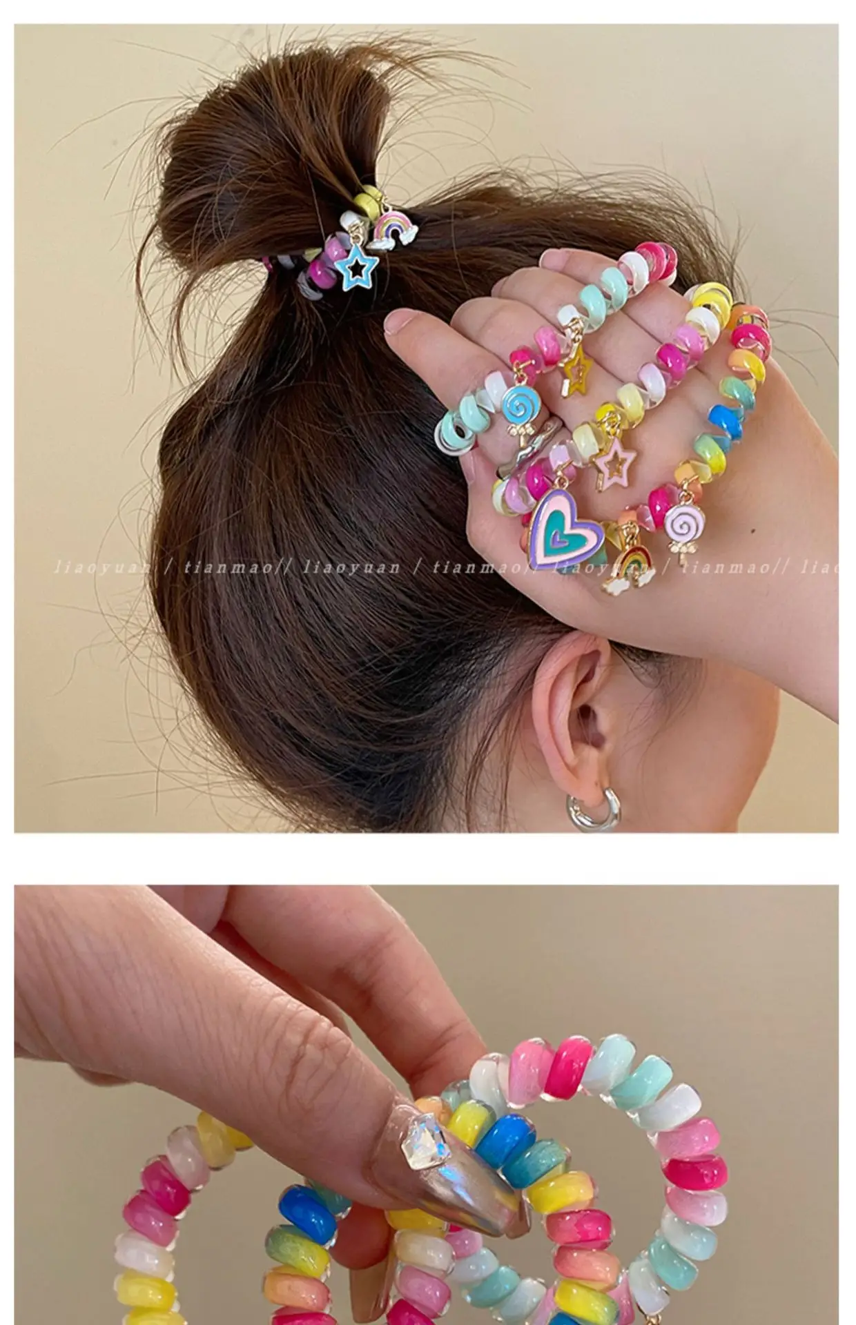 Rainbow Phone Rope Hair Tie for Girls, No Trace, No Damage, Simple Rubber Band, Female Hair Tie, Cartoon — feature 2
