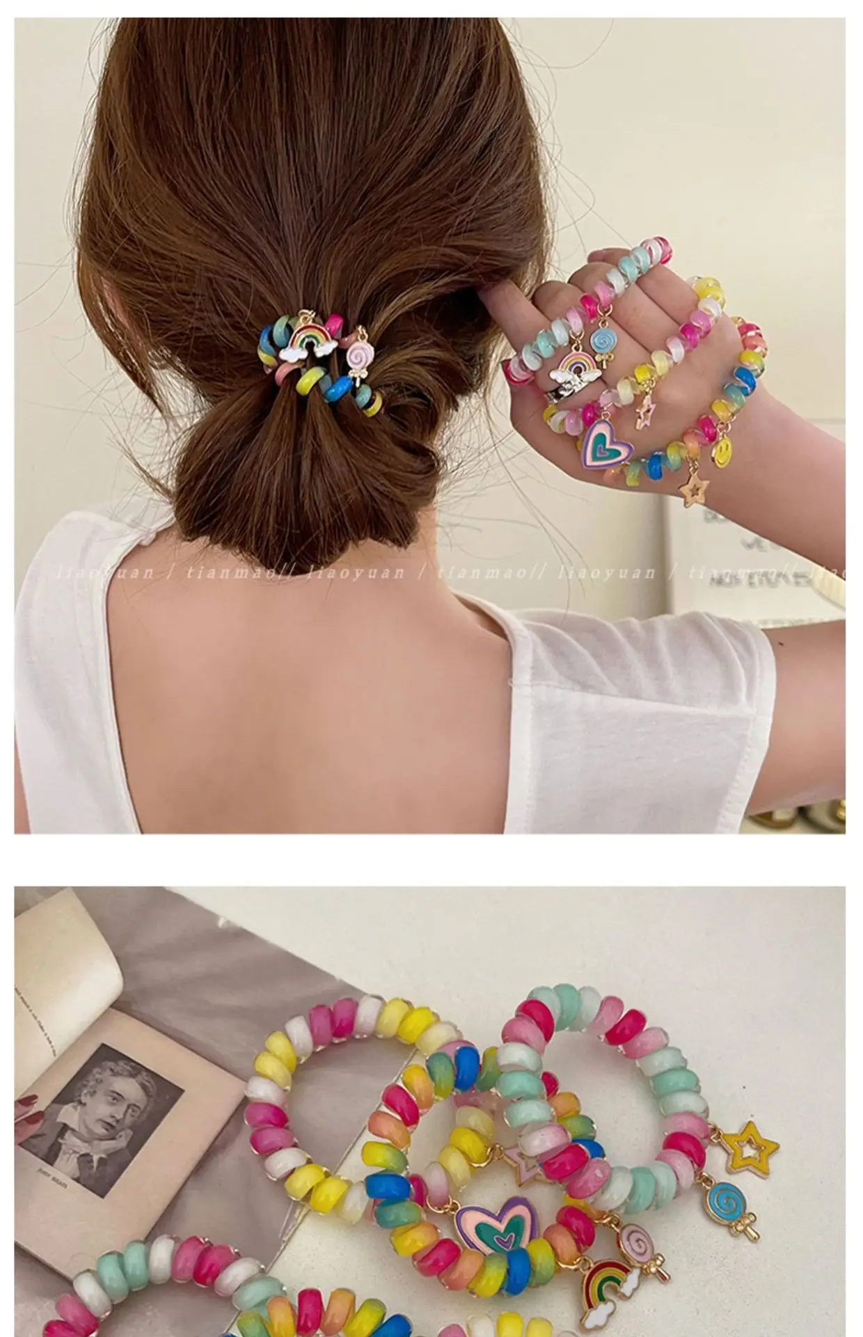 Rainbow Phone Rope Hair Tie for Girls, No Trace, No Damage, Simple Rubber Band, Female Hair Tie, Cartoon — feature 4