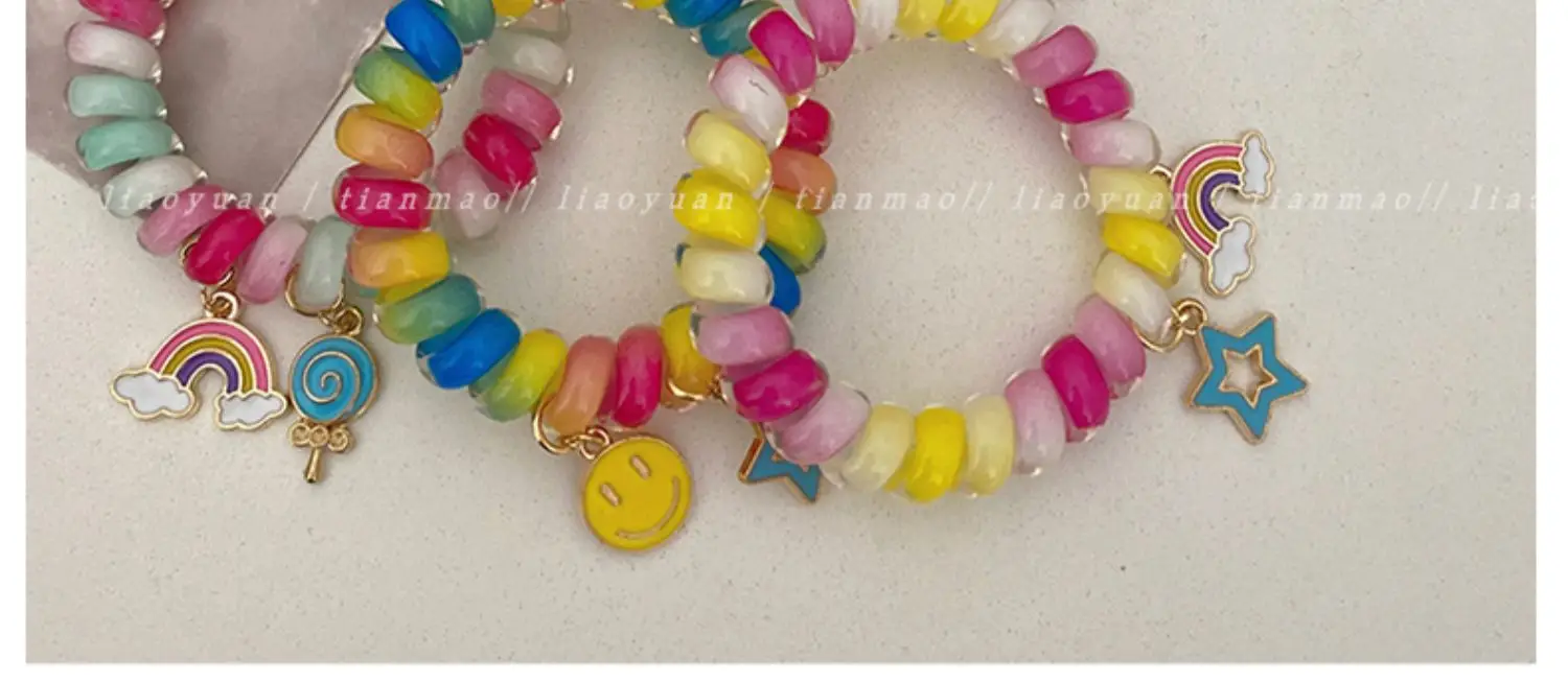 Rainbow Phone Rope Hair Tie for Girls, No Trace, No Damage, Simple Rubber Band, Female Hair Tie, Cartoon — feature 5