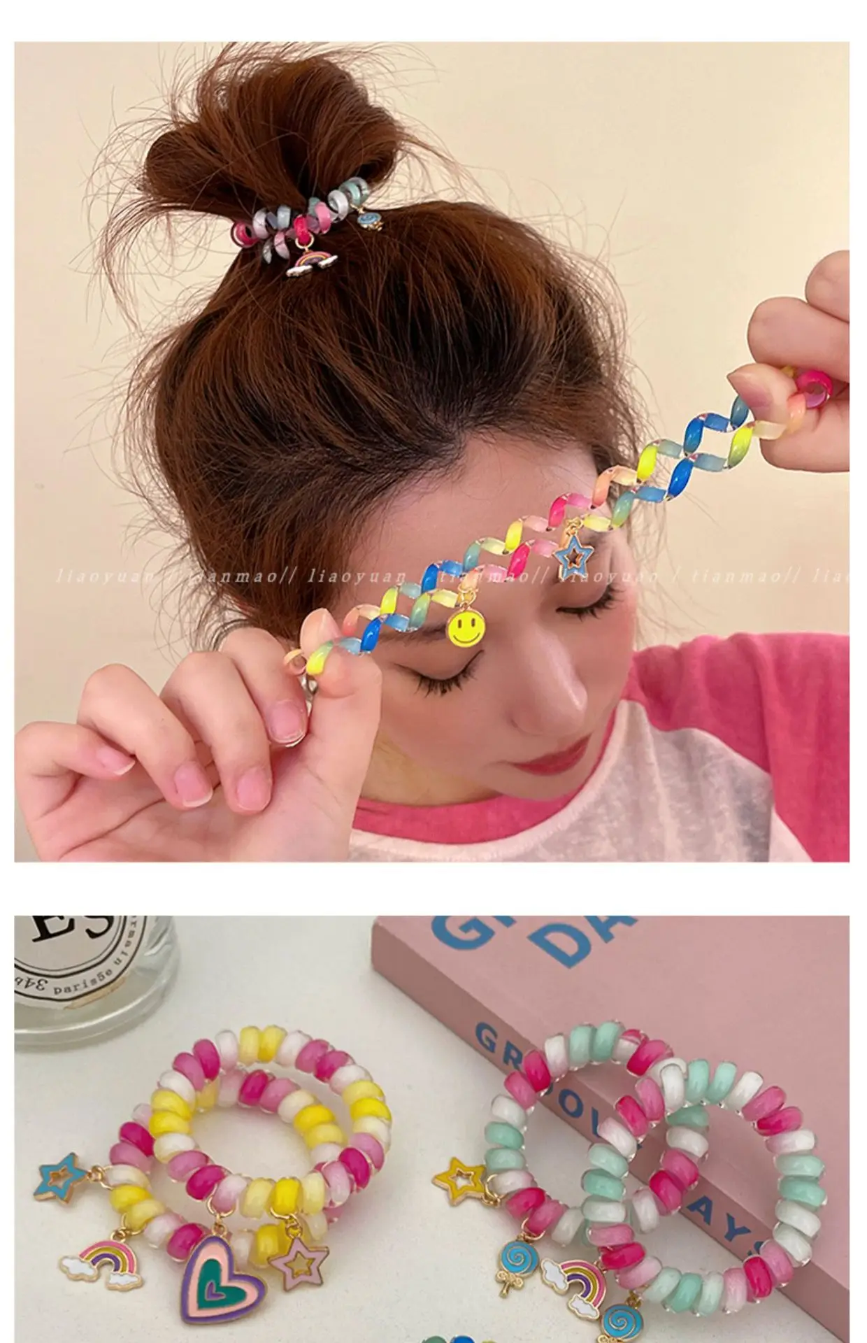 Rainbow Phone Rope Hair Tie for Girls, No Trace, No Damage, Simple Rubber Band, Female Hair Tie, Cartoon — feature 6