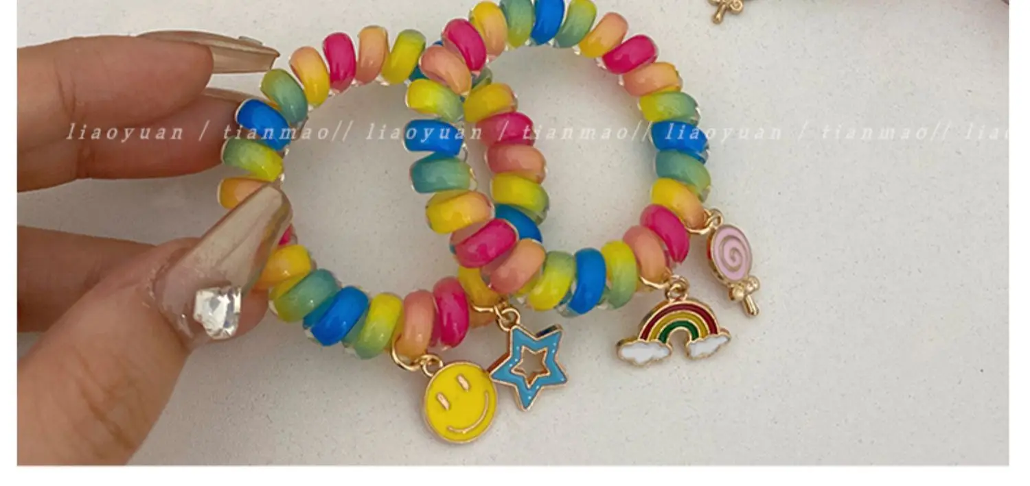 Rainbow Phone Rope Hair Tie for Girls, No Trace, No Damage, Simple Rubber Band, Female Hair Tie, Cartoon — feature 7