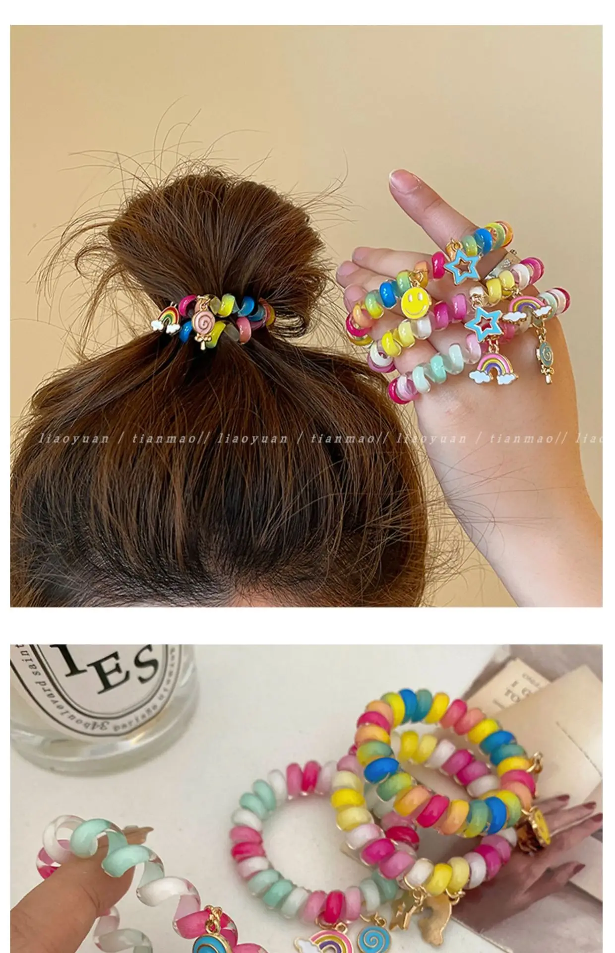 Rainbow Phone Rope Hair Tie for Girls, No Trace, No Damage, Simple Rubber Band, Female Hair Tie, Cartoon — feature 8