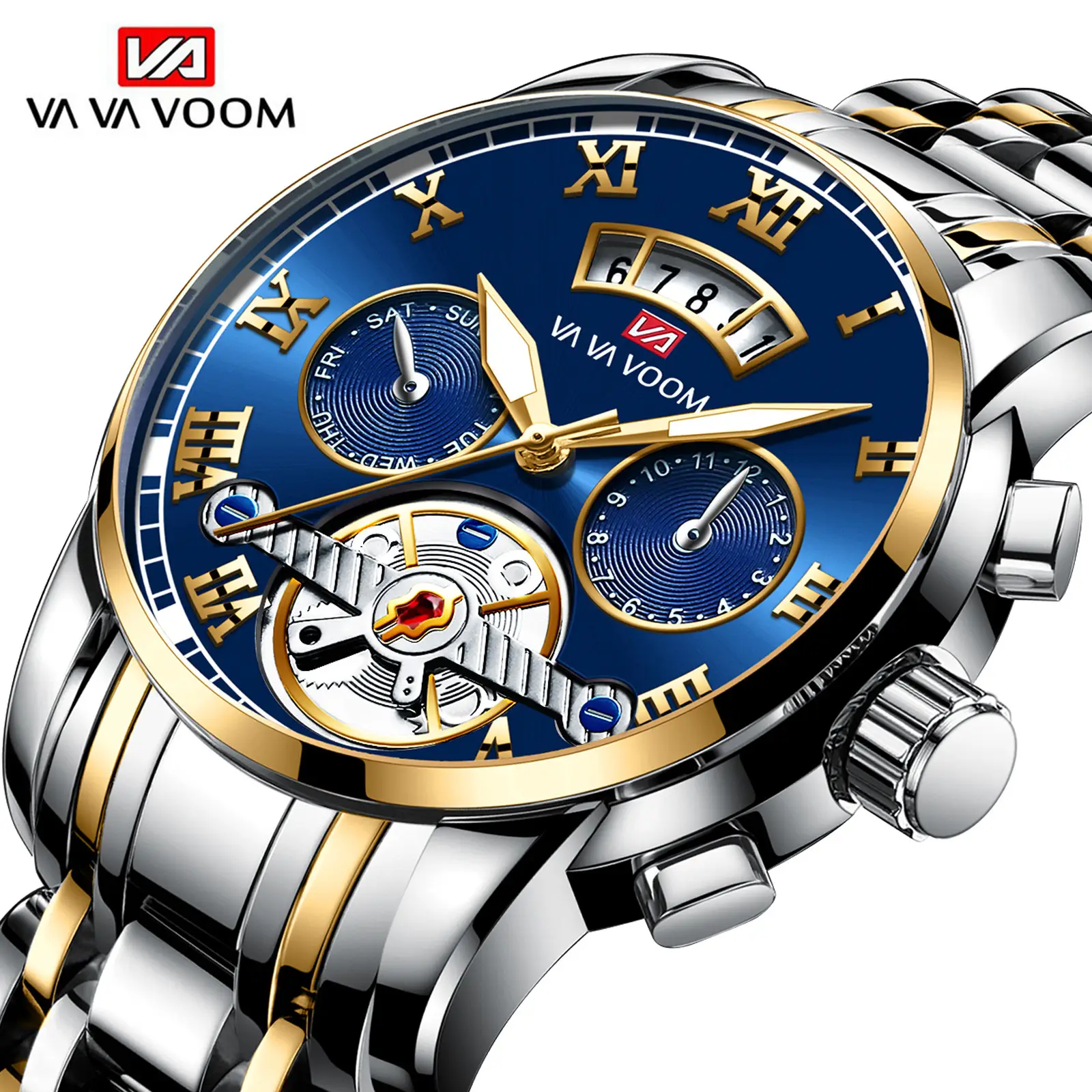 Men's Stainless Steel Tourbillon Quartz Watch Blue Gold