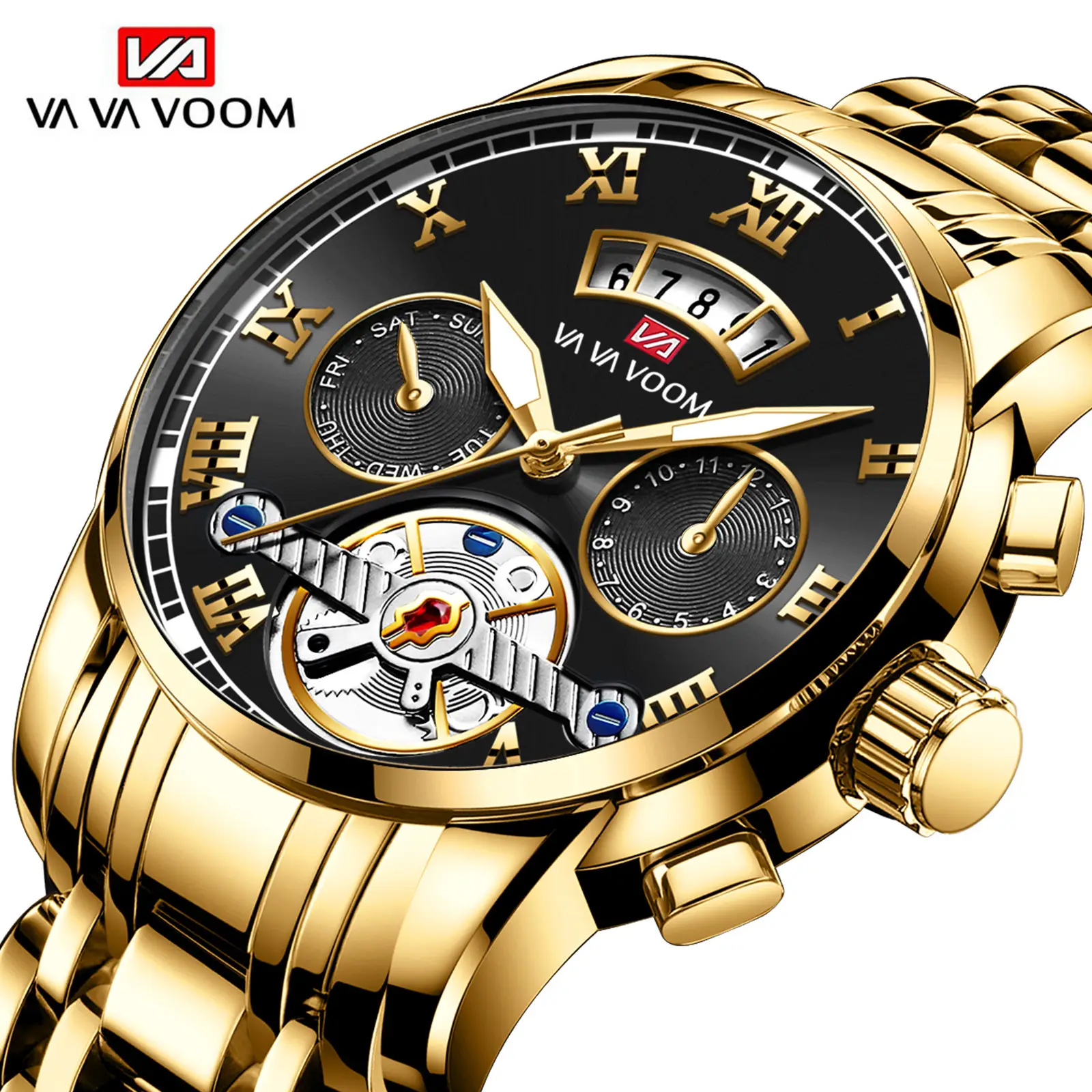 Men's Stainless Steel Tourbillon Quartz Watch Blue Gold