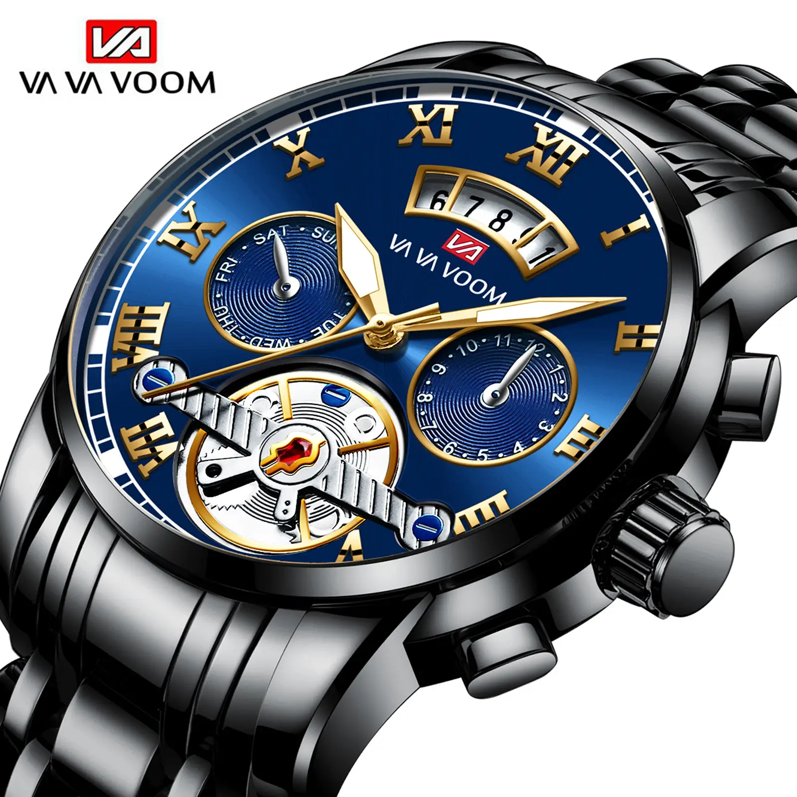 Men's Stainless Steel Tourbillon Quartz Watch Blue Gold