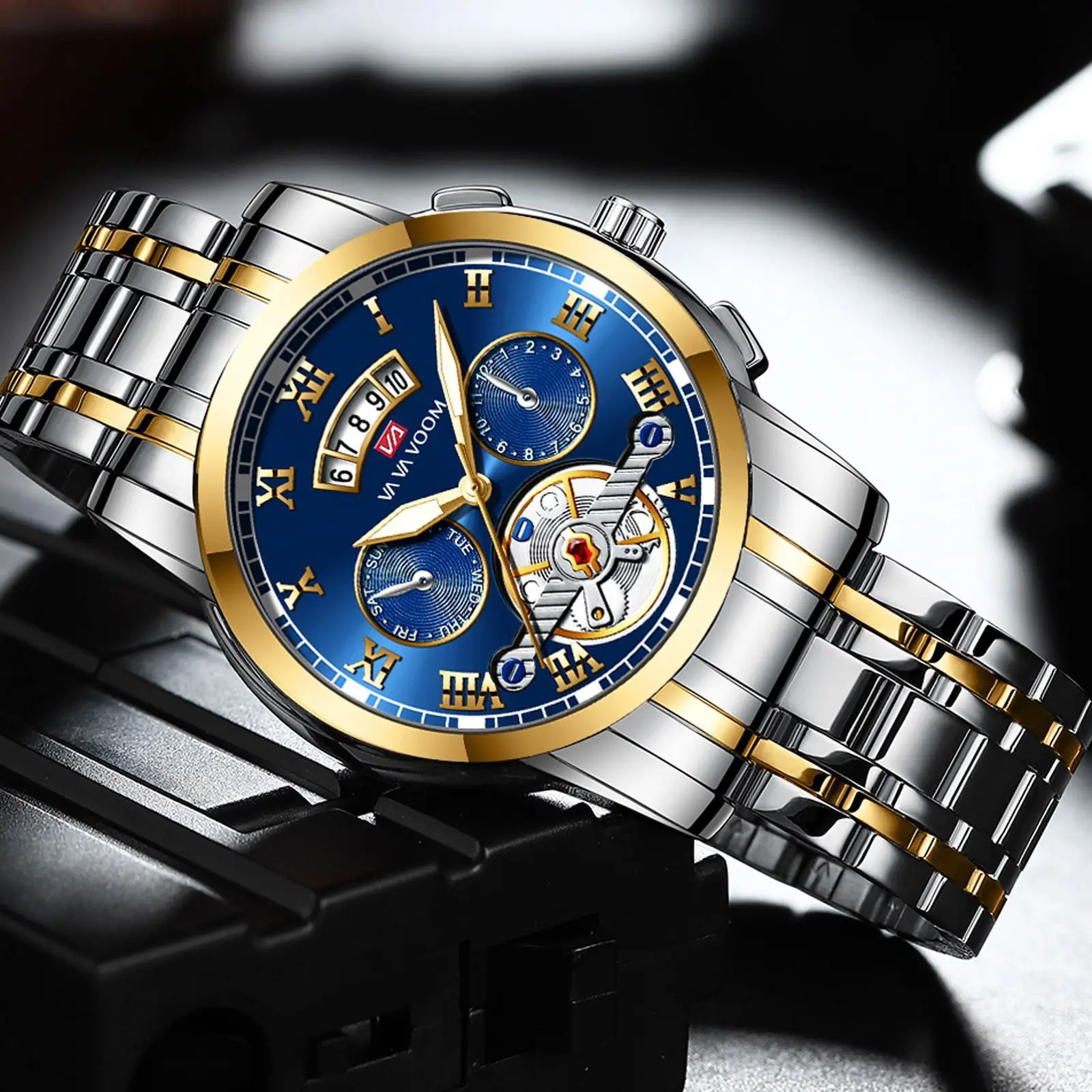 Men's Stainless Steel Tourbillon Quartz Watch Blue Gold