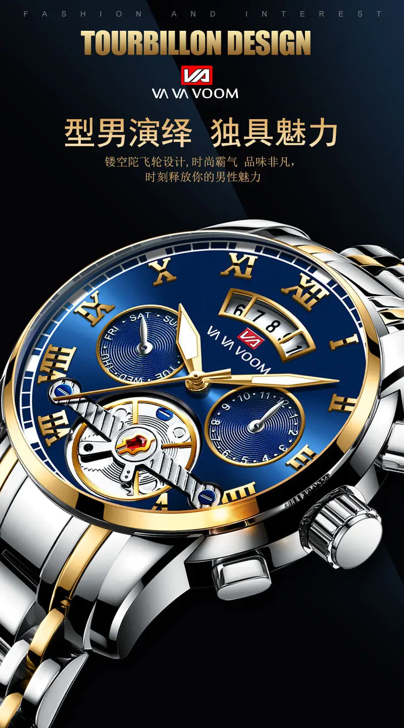Men's Stainless Steel Tourbillon Quartz Watch Blue Gold — feature 1