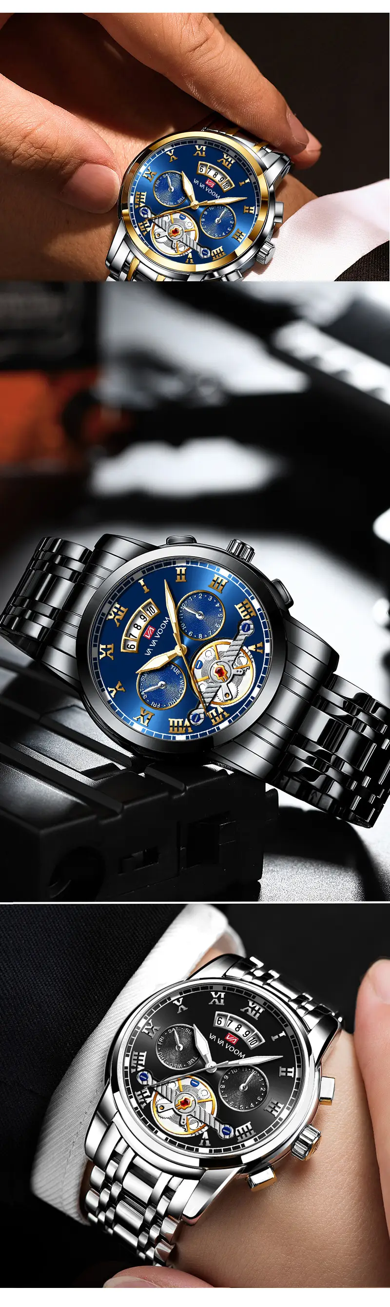 Men's Stainless Steel Tourbillon Quartz Watch Blue Gold — feature 16
