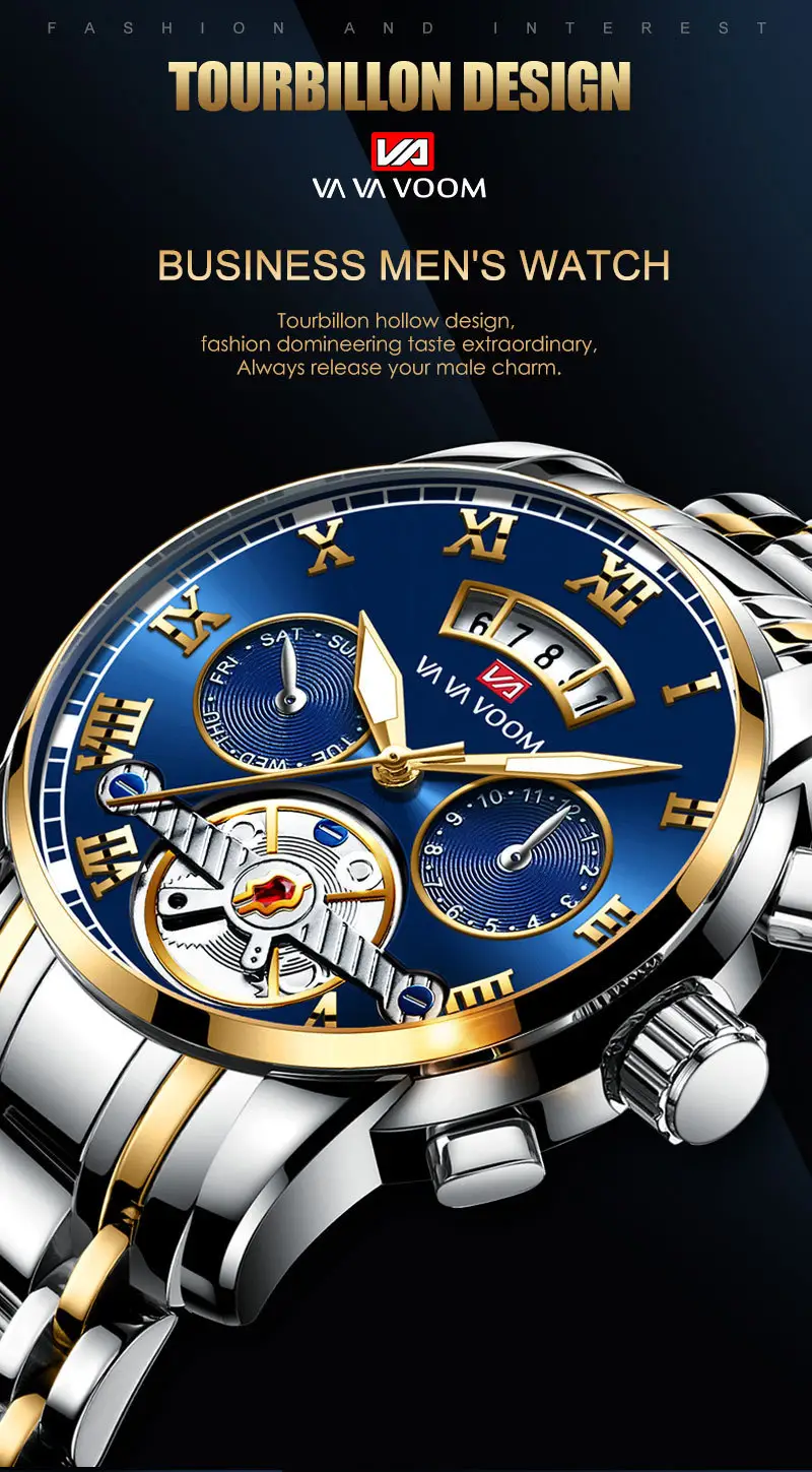 Men's Stainless Steel Tourbillon Quartz Watch Blue Gold — feature 19