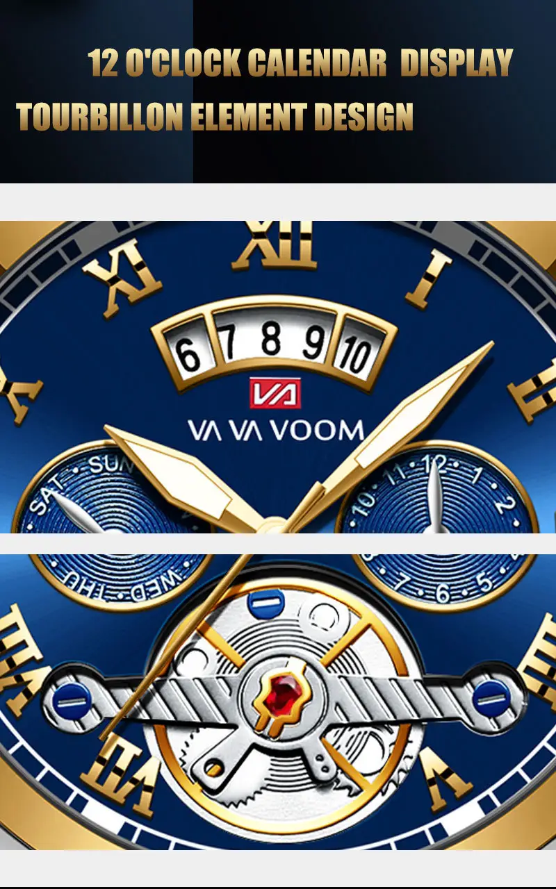 Men's Stainless Steel Tourbillon Quartz Watch Blue Gold — feature 20