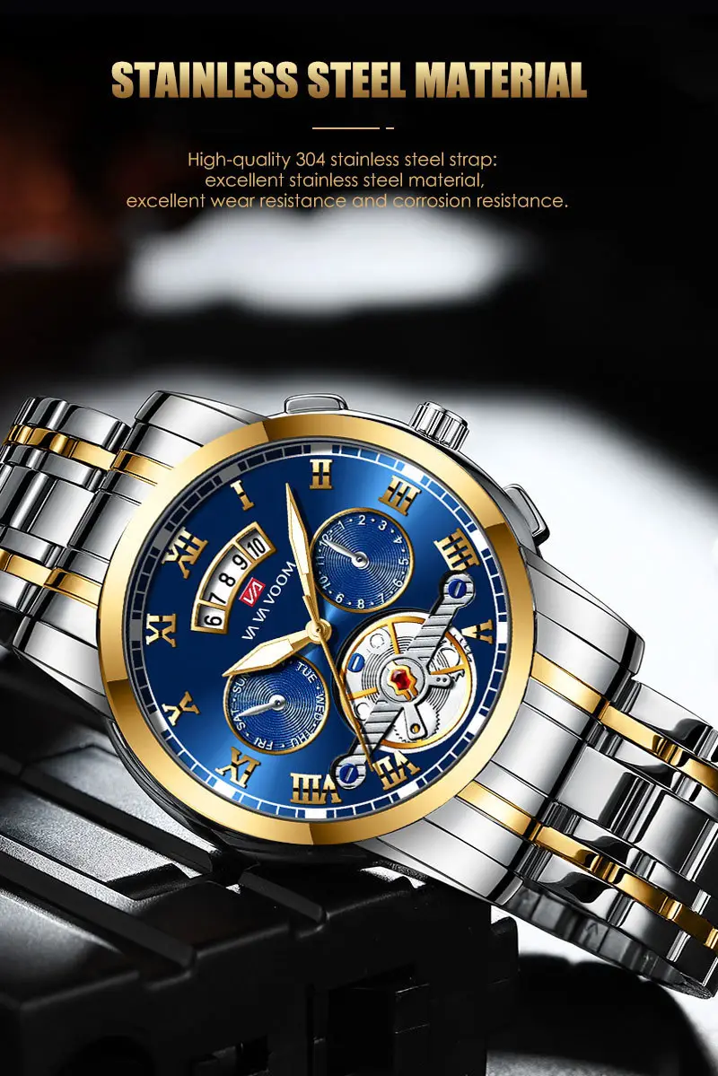 Men's Stainless Steel Tourbillon Quartz Watch Blue Gold — feature 21
