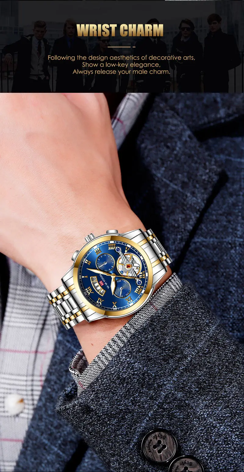 Men's Stainless Steel Tourbillon Quartz Watch Blue Gold — feature 22