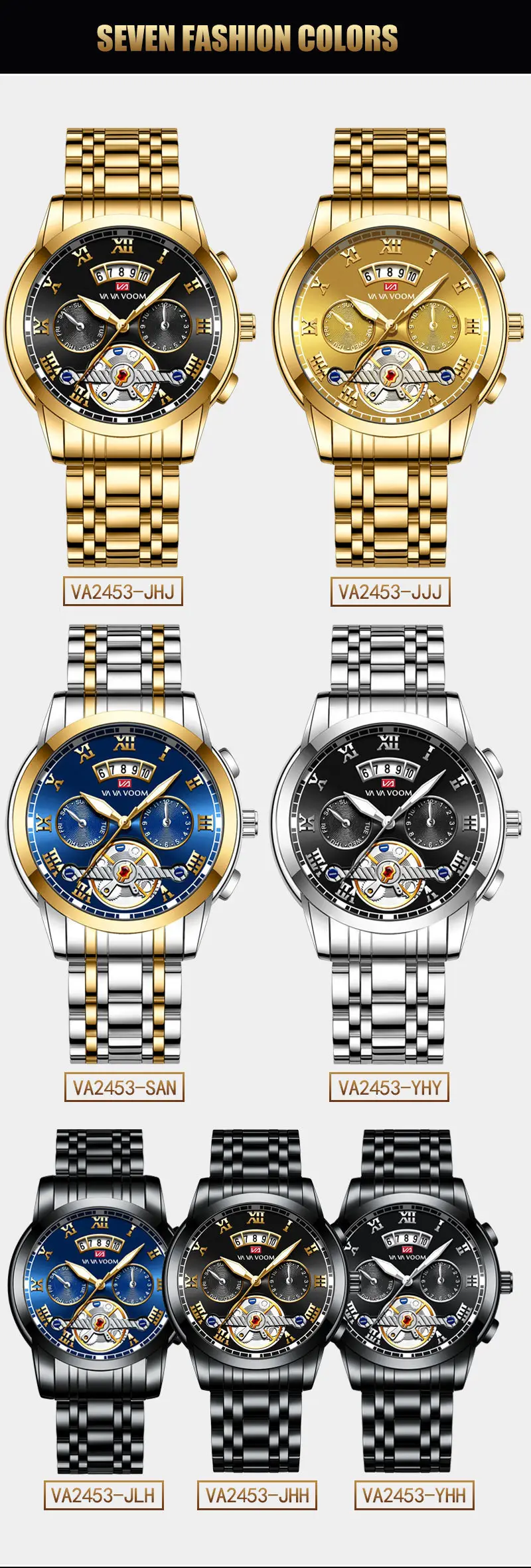 Men's Stainless Steel Tourbillon Quartz Watch Blue Gold — feature 24