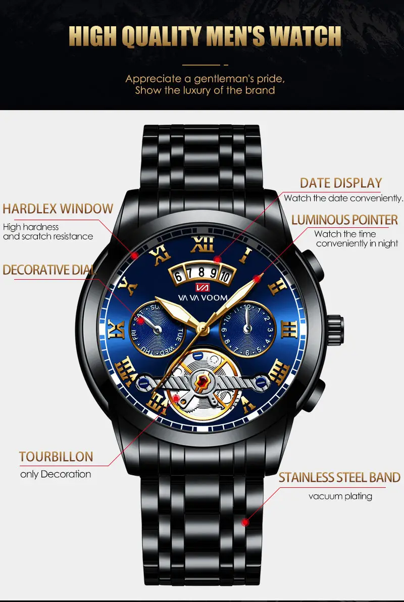 Men's Stainless Steel Tourbillon Quartz Watch Blue Gold — feature 26