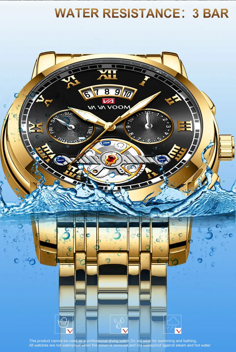 Men's Stainless Steel Tourbillon Quartz Watch Blue Gold — feature 30