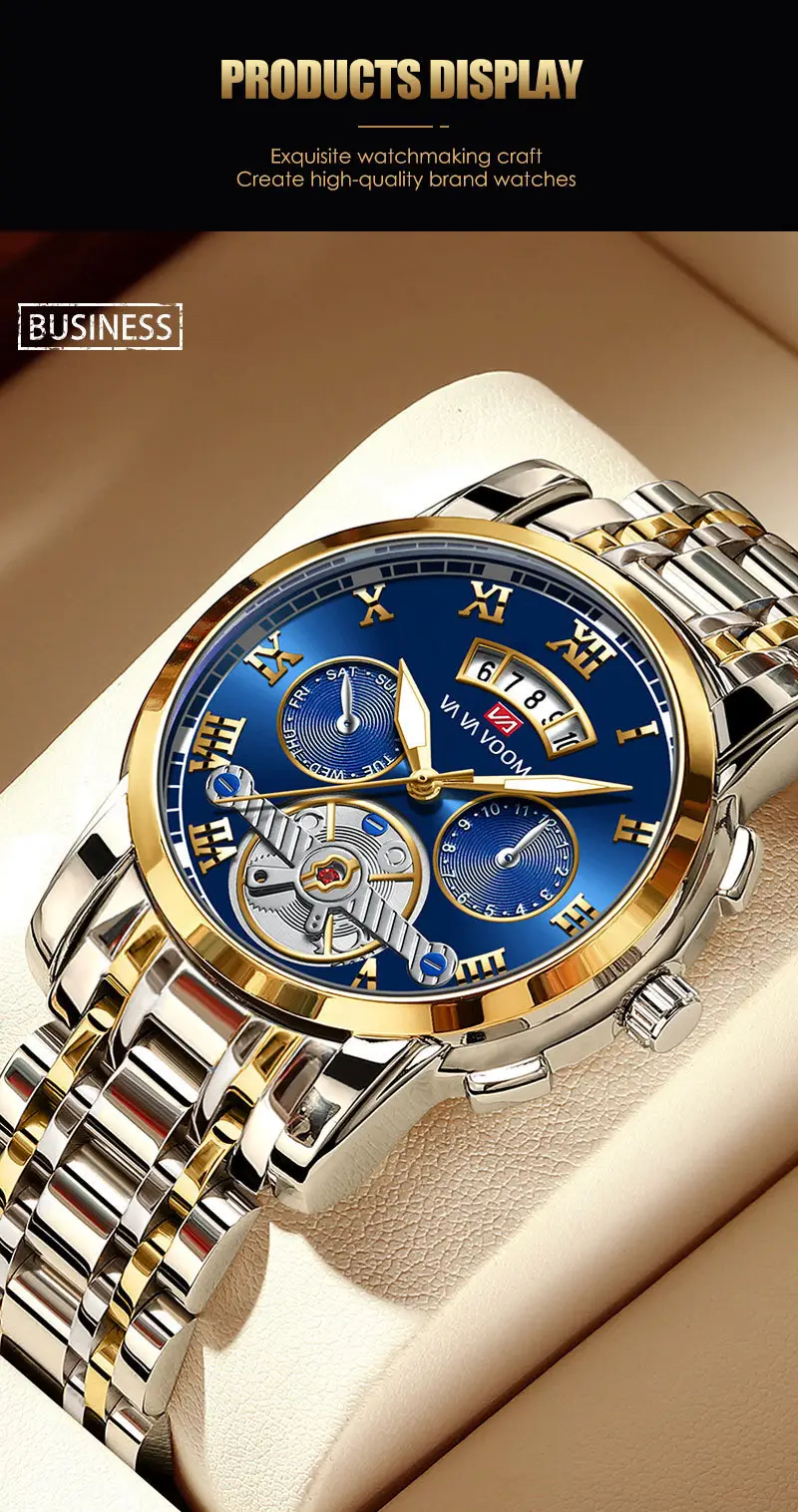 Men's Stainless Steel Tourbillon Quartz Watch Blue Gold — feature 32