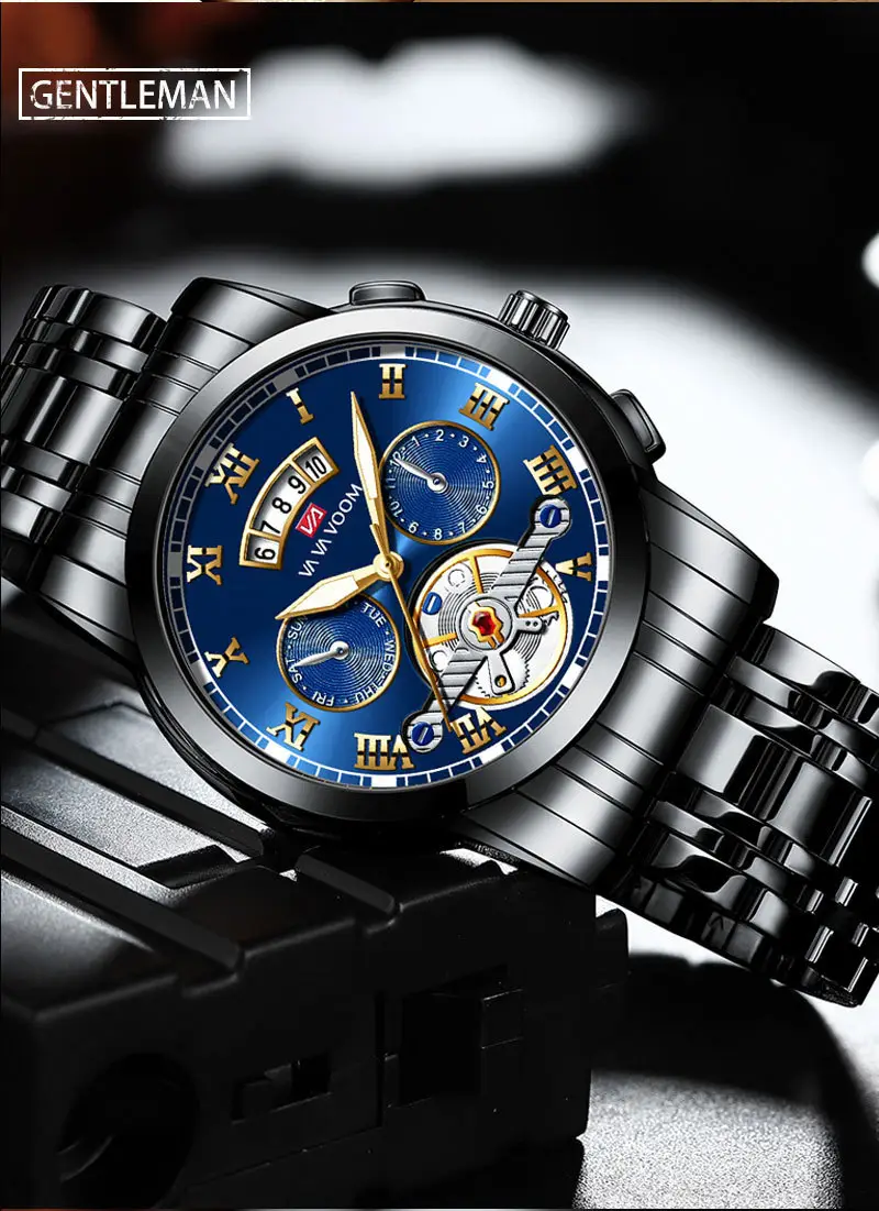 Men's Stainless Steel Tourbillon Quartz Watch Blue Gold — feature 33