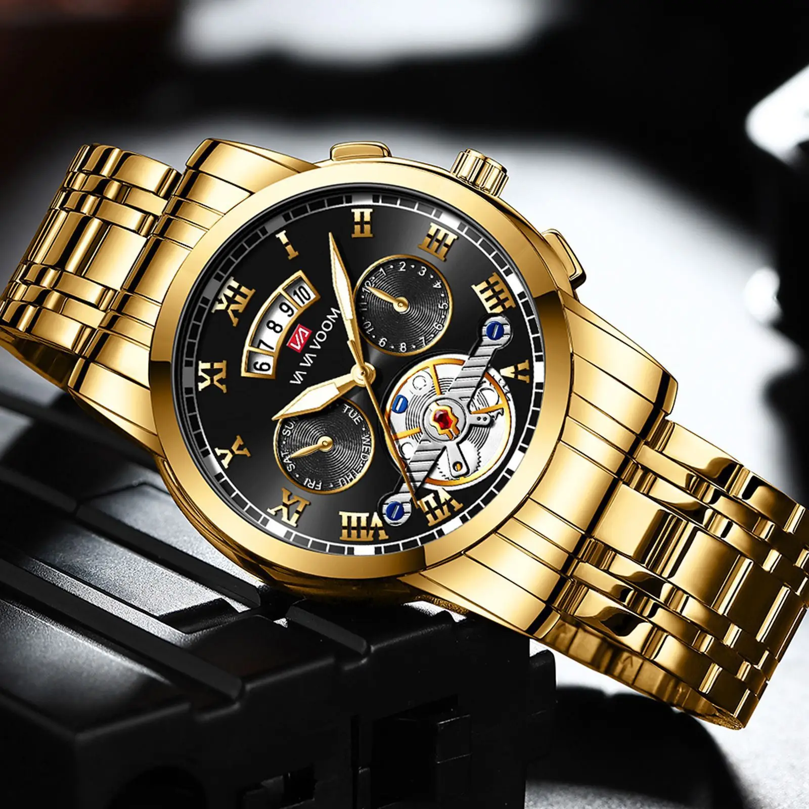 Men's Stainless Steel Tourbillon Quartz Watch Blue Gold — feature 34