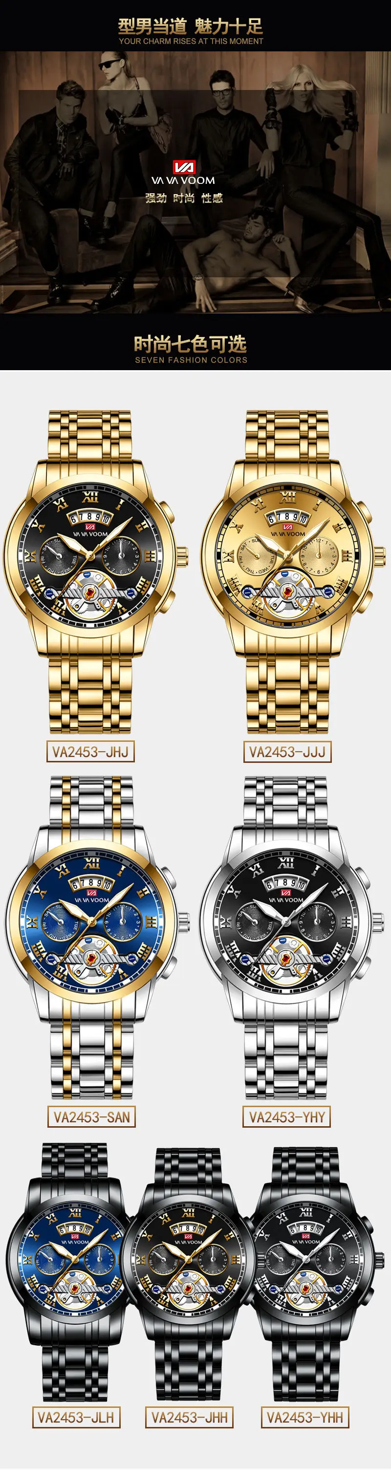 Men's Stainless Steel Tourbillon Quartz Watch Blue Gold — feature 5