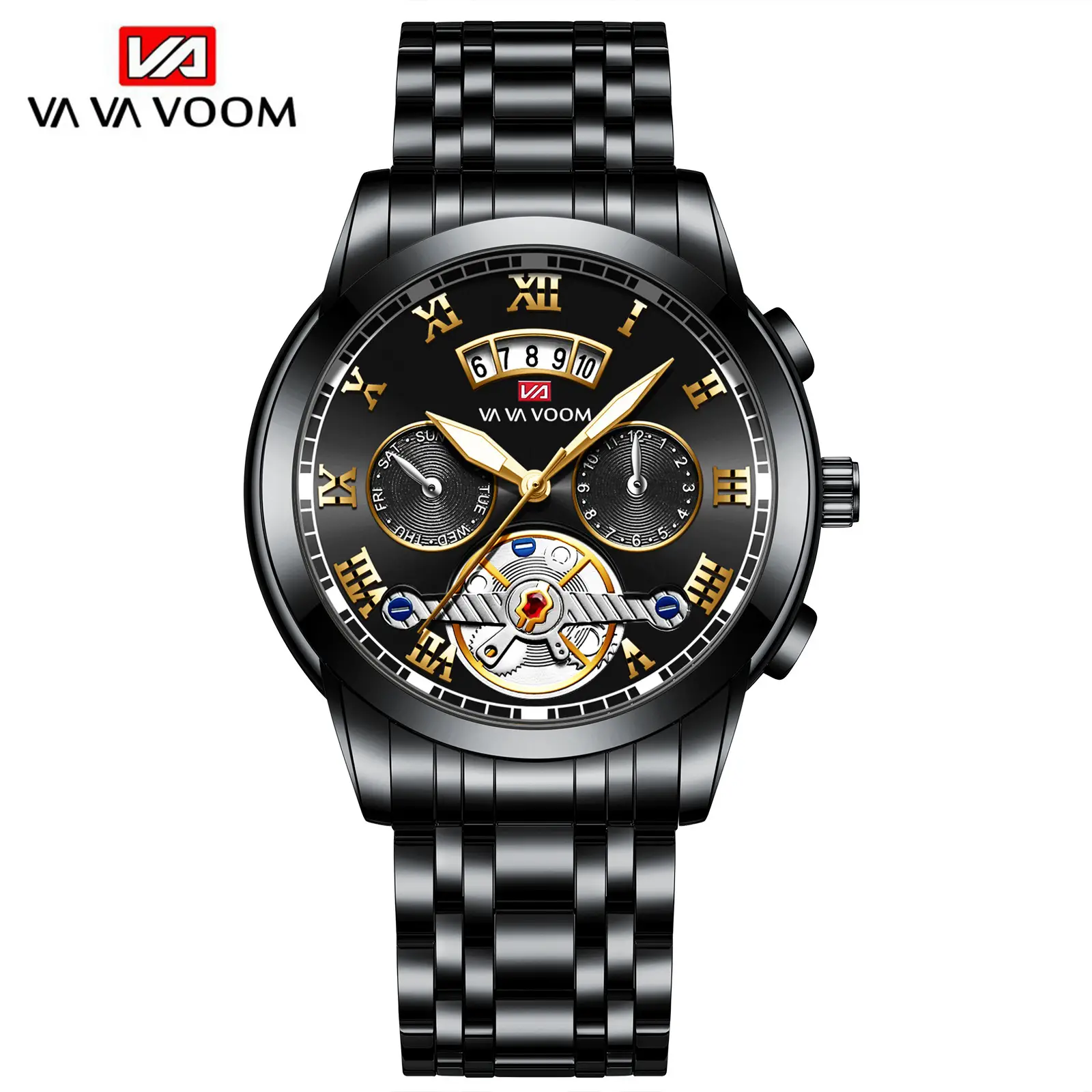 Men's Stainless Steel Tourbillon Quartz Watch Blue Gold