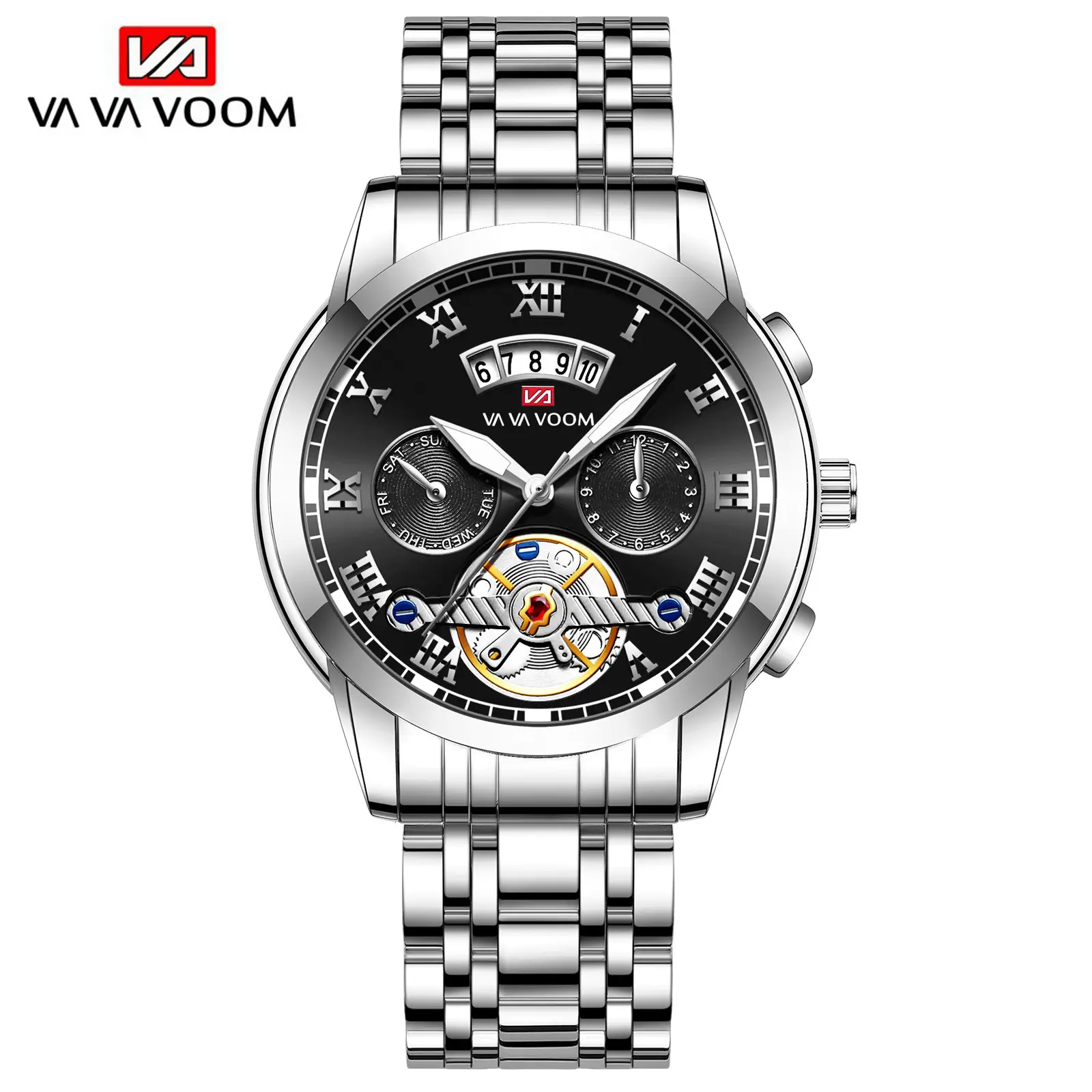 Men's Stainless Steel Tourbillon Quartz Watch Blue Gold