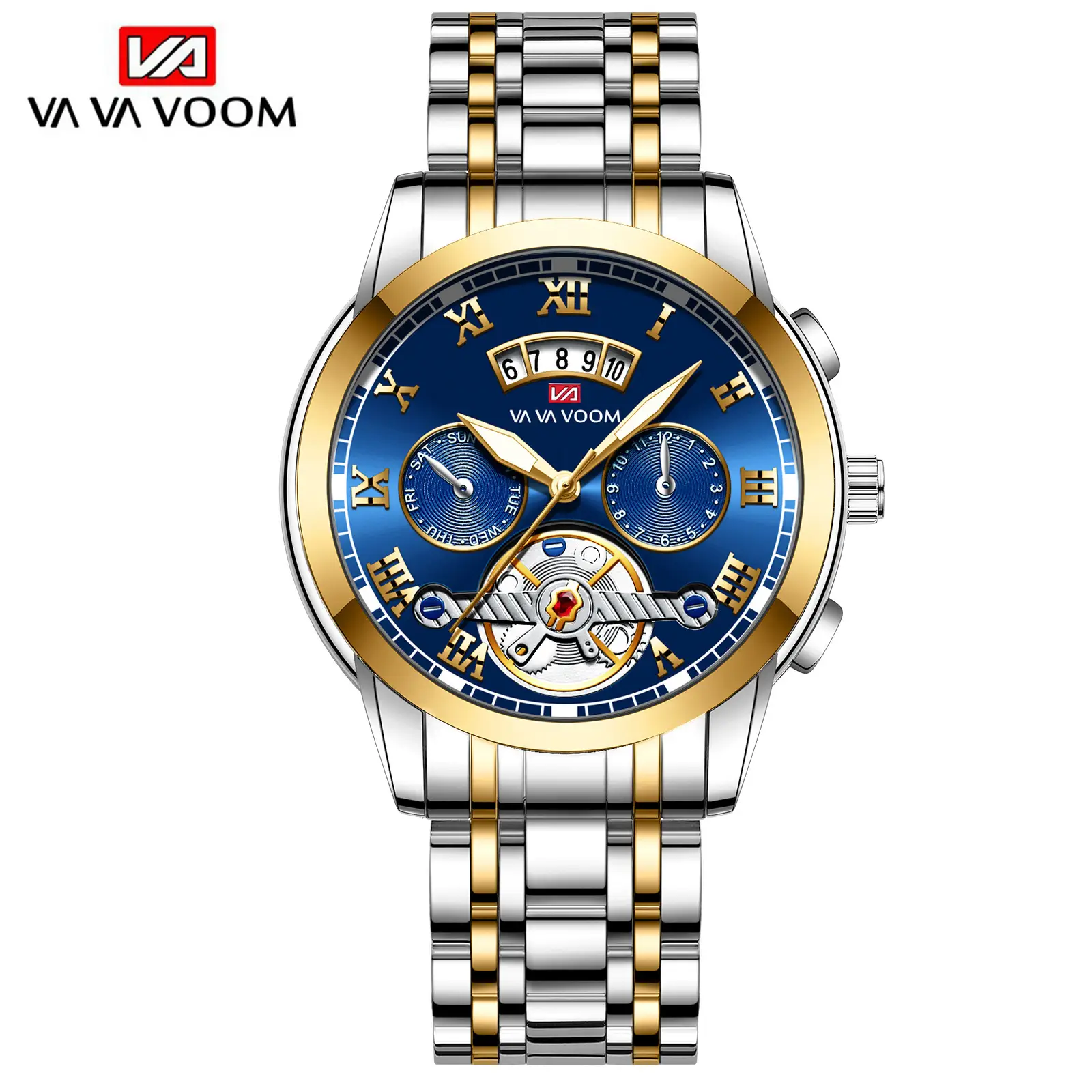 Men's Stainless Steel Tourbillon Quartz Watch Blue Gold